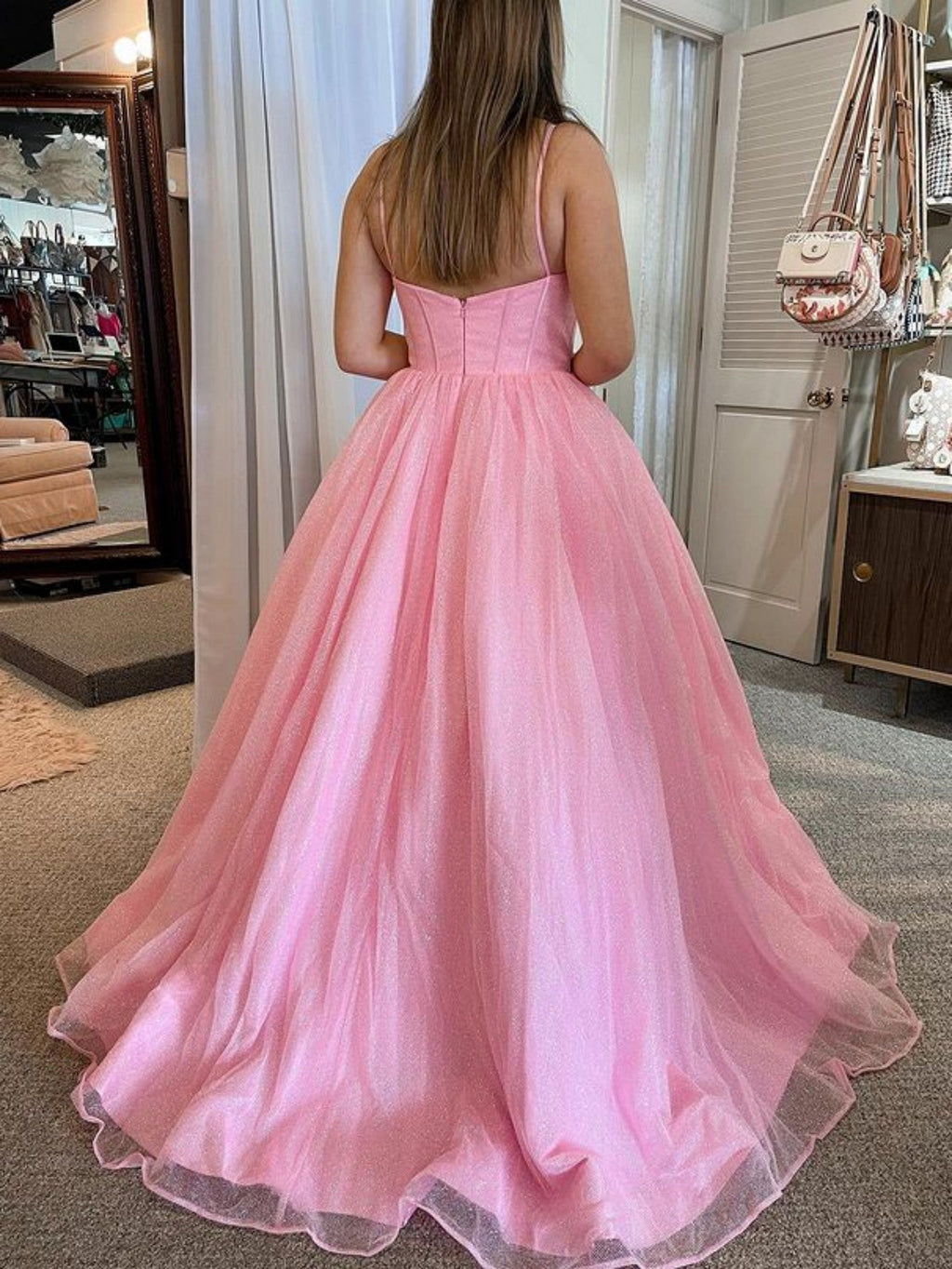 Glitzerndes Tüll-Abendkleid in A-Linie mit Taschen