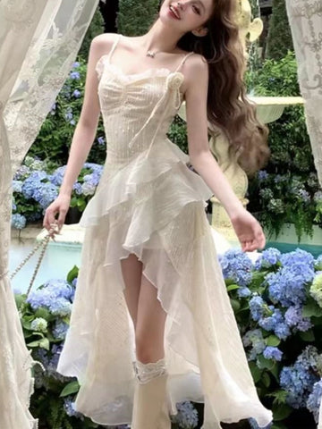 Vestido midi irregular con tirantes finos y volantes Y2K para mujer, novedad de verano, ajustado, estilo Fairycore, para fiesta de cumpleaños y graduación 