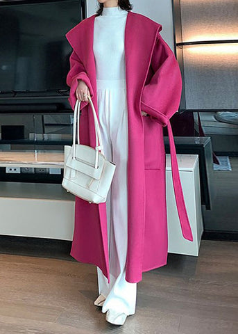 Neu Rose Mit Kapuze Taschen Krawatte Taille Woll Langen Mantel 