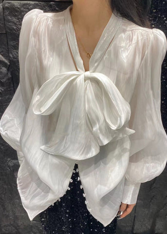 New White Lace Up Button Silk Blouses Spring