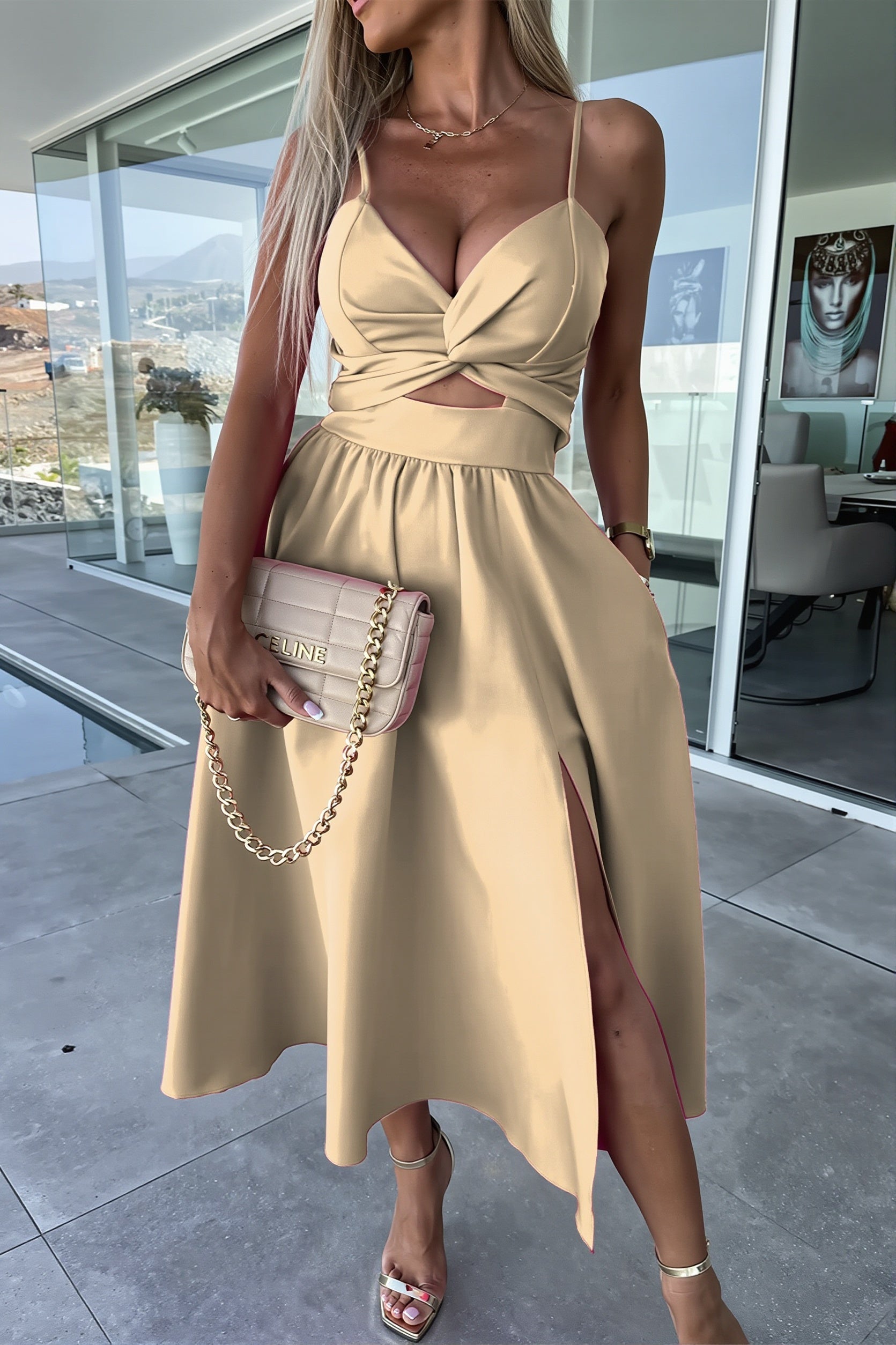 Solid Deep V Cut Out Cami Swing Slit Maxi Dress