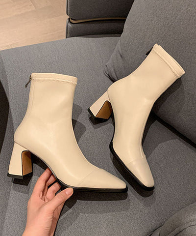 Botas francesas de piel de vacuno negra con tacón grueso y entretejido 