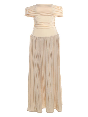 Tossy Women's Pleated Off Shoulder Elegant Bodycon Maxi Dress High Waist Slim Short Sleeve Casual Beach Party Dresses Lady 2024