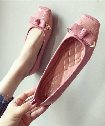 Zapatos planos rosas de piel sintética para mujer con lazo y punta cuadrada 