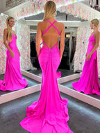 Meerjungfrauen-Abendkleid aus rosa Satin mit V-Ausschnitt und offenem Rücken