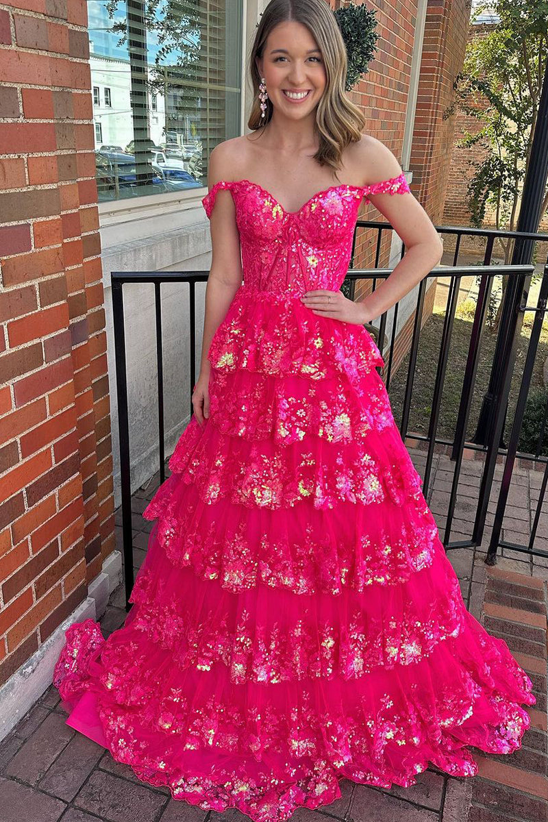Prinzessinnen-Abendkleid aus Paillettenspitze mit schulterfreiem Ausschnitt