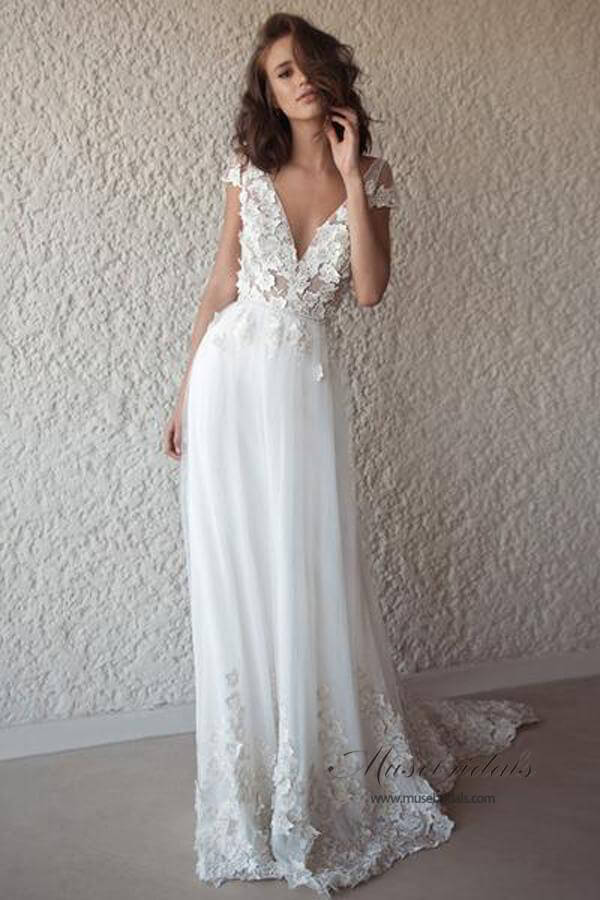 Ivory See-through Cap Sleeves Boho Wedding Dresses, Beach Wedding Dress