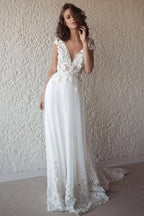 Ivory See-through Cap Sleeves Boho Wedding Dresses, Beach Wedding Dress