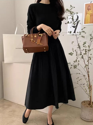 Vestidos midi de cuello redondo, plisados, con abertura y mangas largas en forma de A 