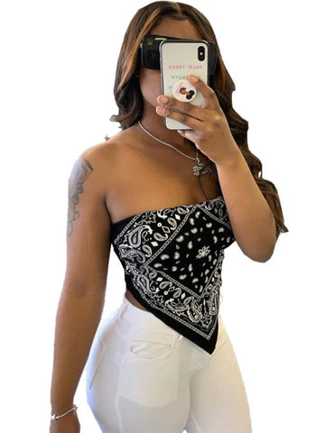 Lindo top corto con bandana estampada sexy para mujer, ropa de verano 2024, camisetas sin mangas con hombros descubiertos y espalda descubierta para mujer 