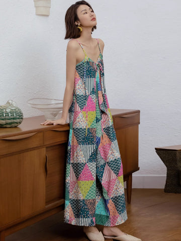 Women Summer Retro Triangle Floral Spliced Vest Dress