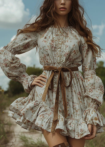 Frauen Floral Pastoral Stil Rüschen Mini Kleider Langarm 