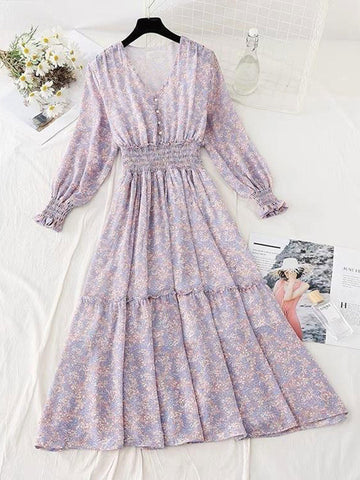 Classic Floral Ruffle Chiffon Dress-Pink
