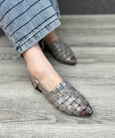 Schöne Splicing Chunky Hollow Out Sandalen Graues Rindsleder 