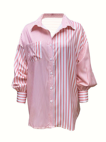 Blusas y camisas de manga larga, sueltas, abotonadas, con colores contrastantes, plisadas, bolsillos, con aberturas, a rayas y solapas. 