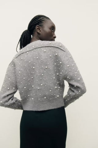Herbst Damen Kleidung Rundhals Langarm Einreihiger Kunstperlenpullover 