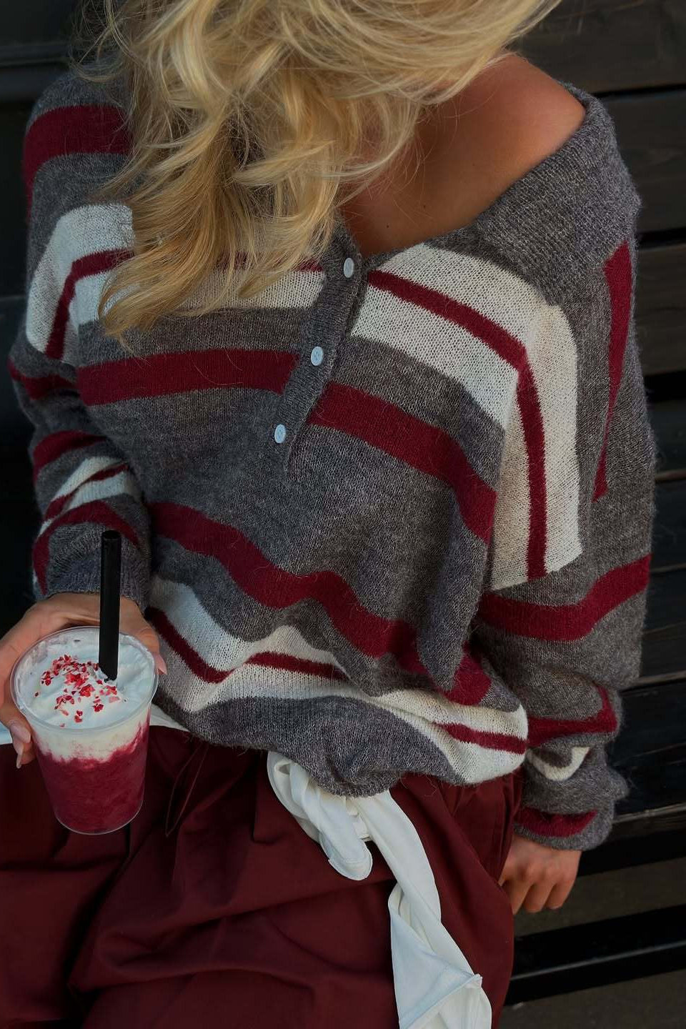 Color Block Polo Collar Pullover Knit Sweater