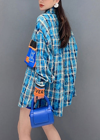 Schicke blaue karierte Knopf-Patchwork-Baumwollblusen mit langen Ärmeln 