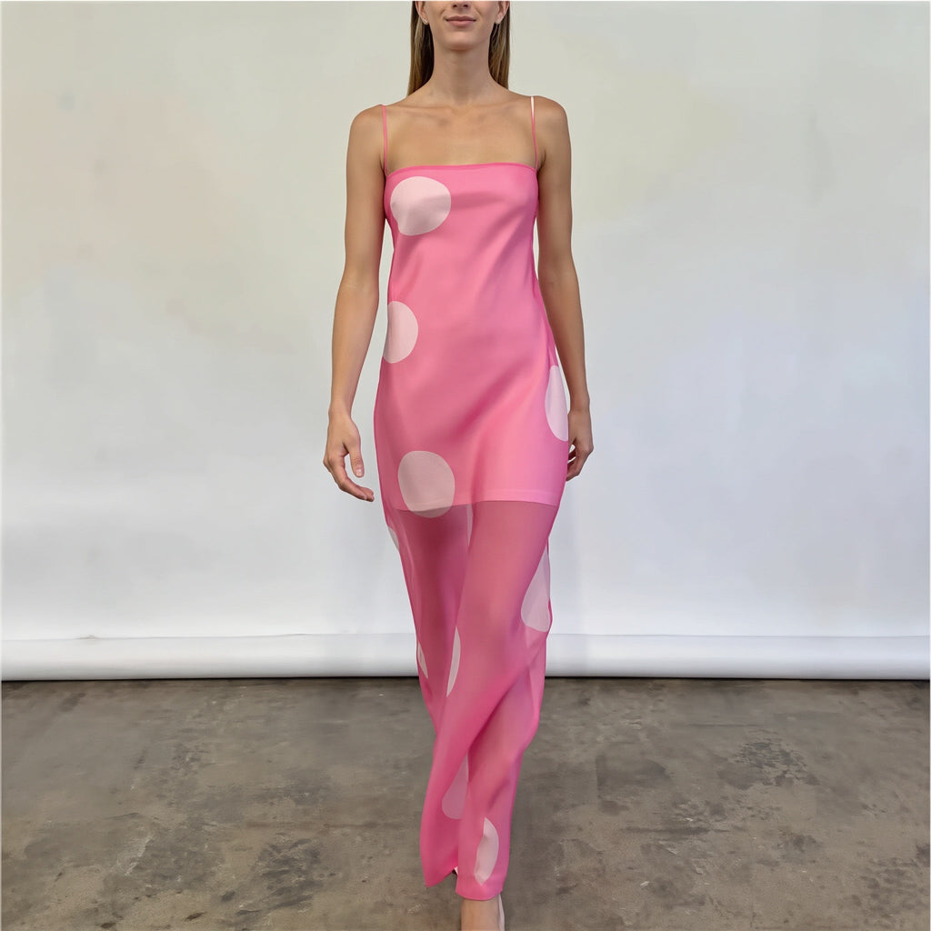 Elegant Polka Dot Strapless Sheer Slim Maxi Dress