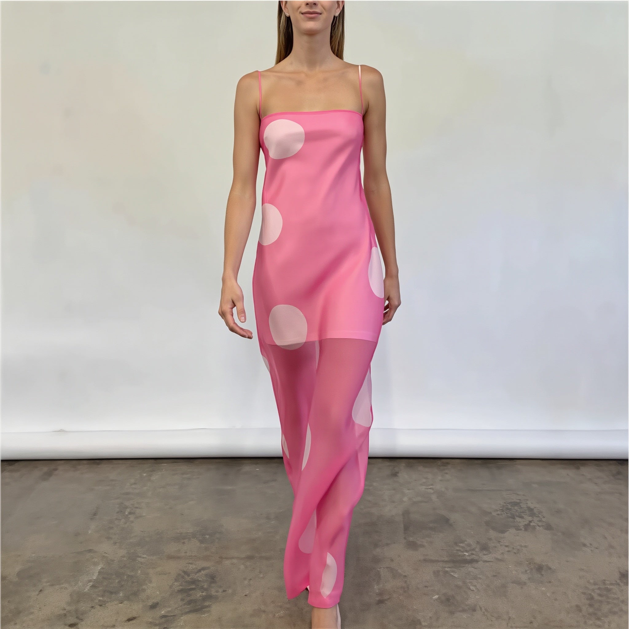 Elegant Polka Dot Strapless Sheer Slim Maxi Dress