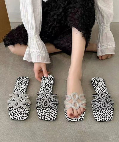 Schwarze Mode Zirkon Splicing Flats Slide Sandalen Peep Toe 