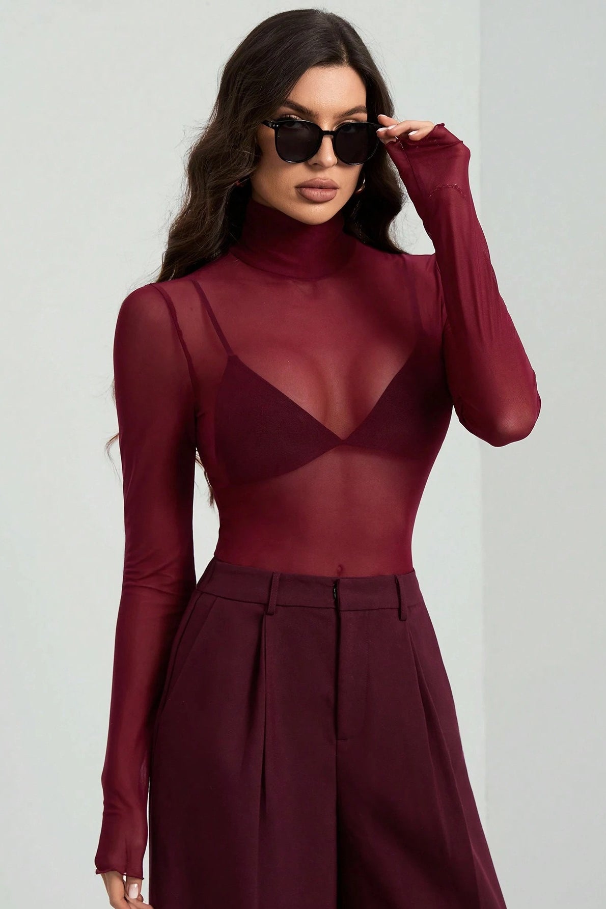 Stand Collar Solid Mesh Slim Fit Long Sleeve Tee