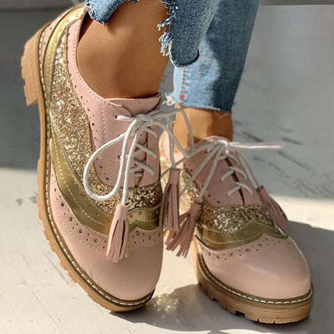 Vintage Oxford Brogues Chunky Block Heel Shoes Lace-up Pumps