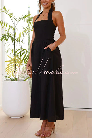 Brunch in Bali – Neckholder-Maxikleid aus Leinenmischung mit Taschen 