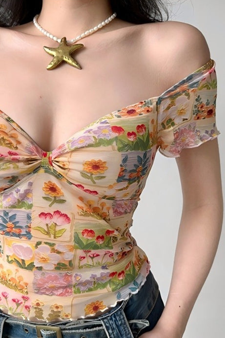 Floral Mesh Slim V Neck Tube Blouse