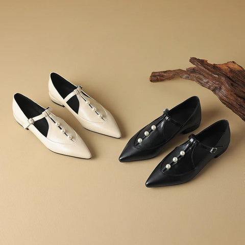 - Zapatos Mary Jane de punta puntiaguda con perlas y hebilla en T, cómodos, planos y mocasines para mujer, tallas grandes 41, 42 y 43, para primavera y otoño.