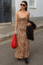Street Style Leopard V Neck Backless Cami Maxi Dress