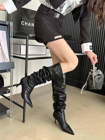 Sexy Overknee-Stiefel für Damen, Chelsea-Booties, spitze Zehenpartie, blau, schwarz, weiß, Jeansstoff, Winterschuhe, Schlupfstiefel für den Herbst 