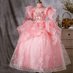 Kommunionkleid für Kleinkinder, Mädchengeburtstagsfeier, wunderschönes, flauschiges, langes Festkleid in Rosa 