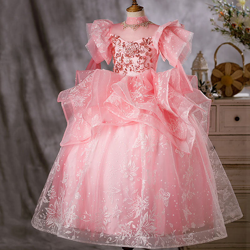 Kommunionkleid für Kleinkinder, Mädchengeburtstagsfeier, wunderschönes, flauschiges, langes Festkleid in Rosa 