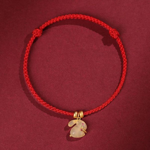 Sterling Silver Auspicious Rabbit Transit Red Rope Braided Bracelet