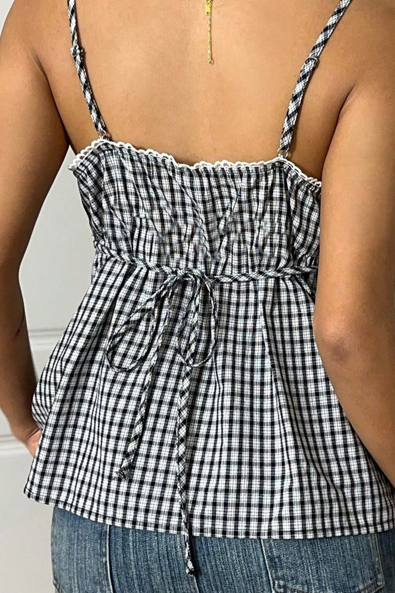 Minimalist Casual Plaid Tie Cami Top