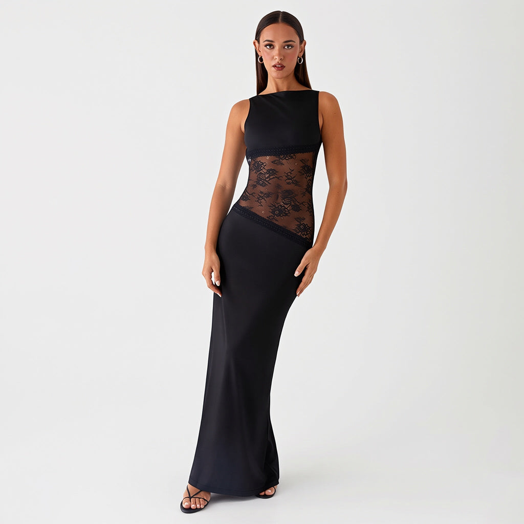 Sexy Lace Satin Backless Maxi Dress
