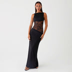 Sexy Lace Satin Backless Maxi Dress