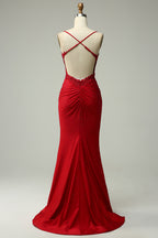 Meerjungfrauen-Abendkleid mit Spaghettiträgern, königsblau, lang, mit Applikationen