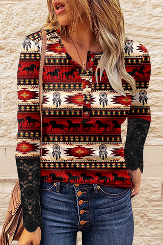 Casual Print Buckle O Neck Tops(6 Colors)