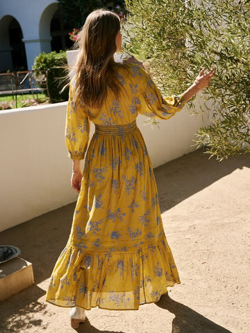 A-Line Flowy Dress Printed V-Neck Puff Sleeves Casual Summer Maxi Dresses