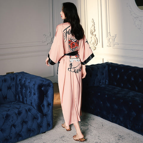 Batas de satén para mujer, ropa de dormir sexy, bata de dama de honor de gasa con estampado de pájaro rosa, ropa de ocio, tops para dormir en casa, verano 2022 