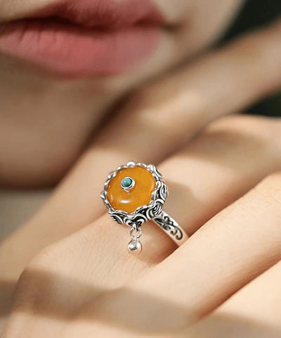 Anillos retro de jade y turquesa en plata de ley amarilla 