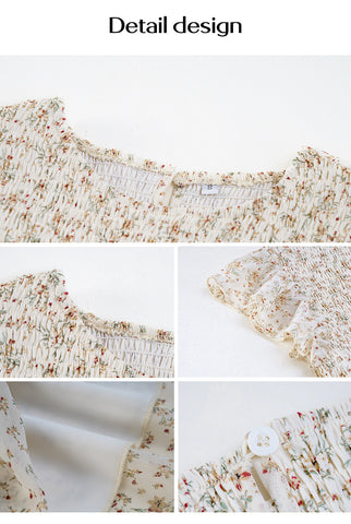 Vestido midi plisado elástico con mangas de loto y cuello redondo floral 