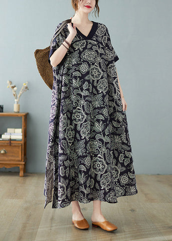 Vestido azul marino holgado con escote en V, estampado, abertura lateral, manga corta 