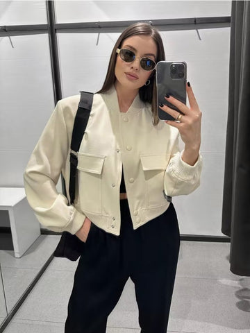 Tossy Fashion High Street Pocket Outwear für Frauen Patchwork Mode Langarm Strickjacke Hohe Taille Cropped Damen Jacken Mantel 