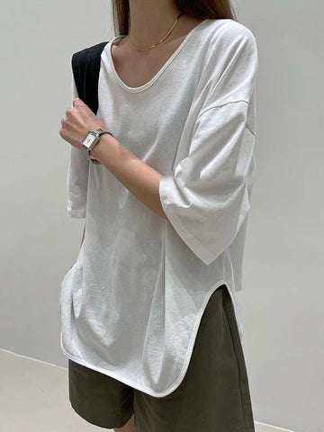 Casual Loose Split-Side Solid Color V-Neck T-Shirts Tops