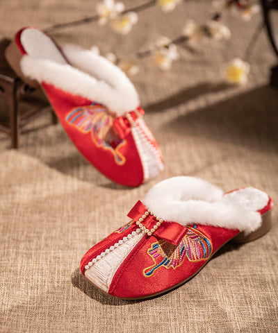 Retro Stickerei Chunky Hausschuhe Schuhe Weiß Satin Fuzzy Wolle gefüttert