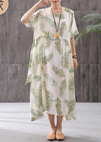 Ropa de lino francesa para mujer, vestido de cuello redondo con estampado de lino y algodón de talla grande 