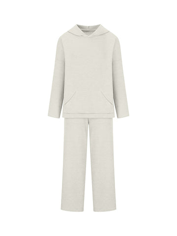 Conjunto de dos piezas de suéter holgado de color sólido con cuello redondo, capucha y mangas largas + pantalón con cordón ajustable 